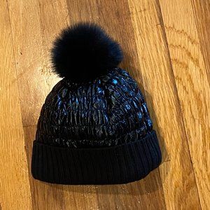 Black Faux Fur Pom Pom Bubble Thermo Hat O/S